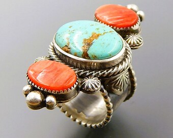 Handcrafted by Eli Gofman Mountain turquoise and  red spiny oyster sterling silver solid long ring - size 8.75