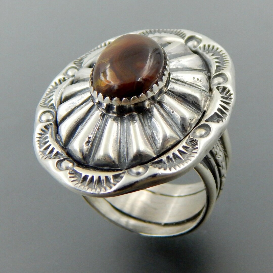 Handcrafted Sterling Silver Oval Fire Agate Fluted Stamped Saddle Ring ...