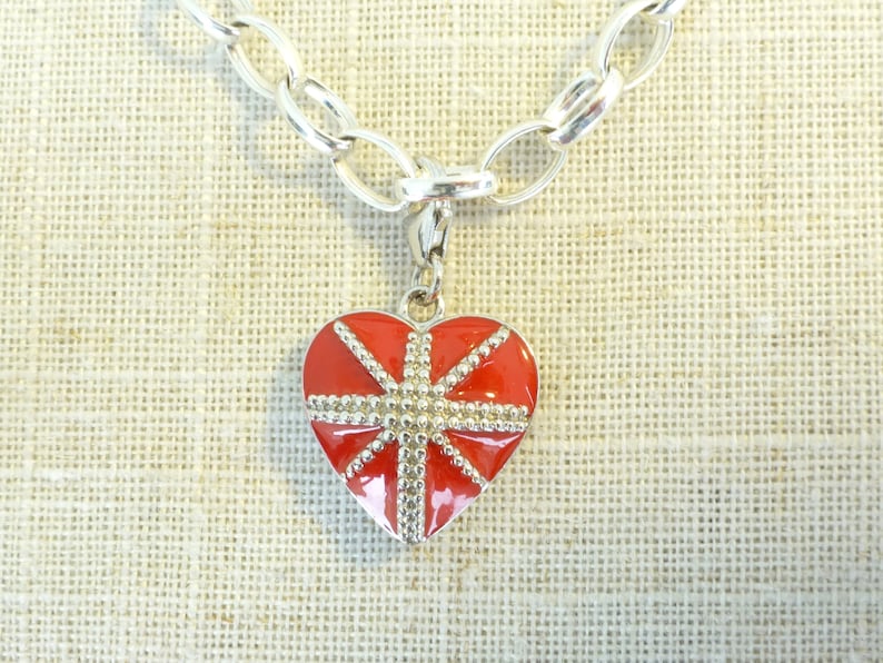 Red Heart with Silver Stud Cross-Lobster clasp-Fits Chain Bracelet--Gift wrapped Red Heart Charm-Hallmarked 925 Sterling Silver