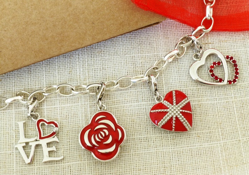 Red Heart with Silver Stud Cross-Lobster clasp-Fits Chain Bracelet--Gift wrapped Red Heart Charm-Hallmarked 925 Sterling Silver