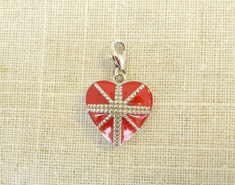 Red Heart with Silver Stud Cross-Lobster clasp-Fits Chain Bracelet--Gift wrapped Red Heart Charm-Hallmarked 925 Sterling Silver