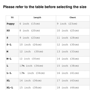 Op de afbeelding: Maattabel voor hondenkleding, met borst- en lengtemaat in inches en centimeters voor de maten Puppy, XS, S, S-L, M, M-L, L, L-L, XL, XL-L en XXL.