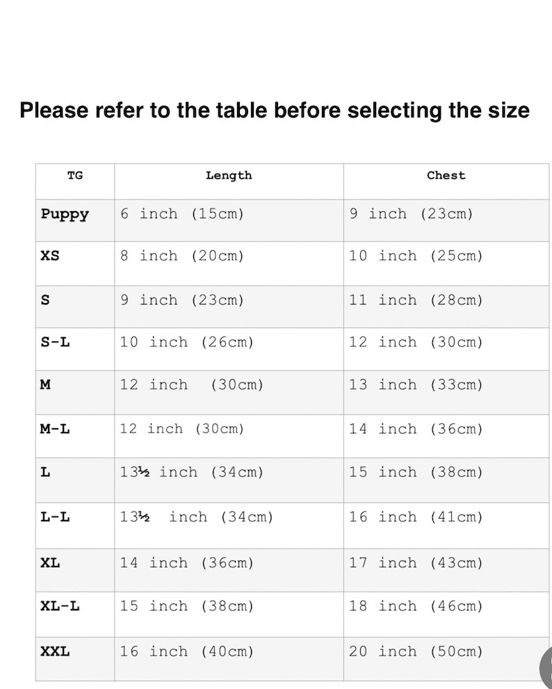 Op de afbeelding: Maattabel voor hondenkleding, met borst- en lengtemaat in inches en centimeters voor de maten Puppy, XS, S, S-L, M, M-L, L, L-L, XL, XL-L en XXL.