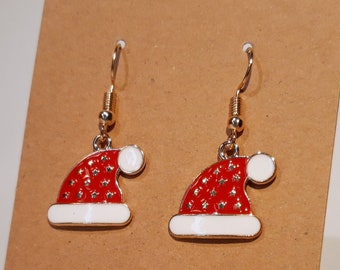 Santa hat earrings - christmas xmas winter ear hangers charm pendant tibetan gold color antique