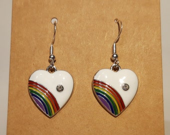 Rainbow heart earrings - LGBTQ gay pride silver earhangers charm pendant support respect LGBTI