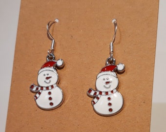 Snowman earrings - christmas xmas winter ear pendants charm pendant tibetan silver color antique