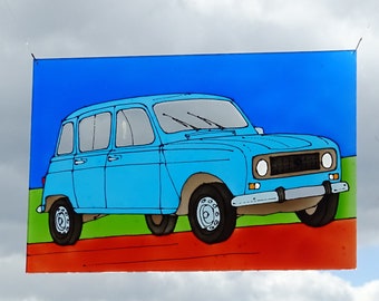 Renault R4 suncatcher turquoise 4L quatrelle window decoration plexiglass perspex stained glass art painted car oldtimer blue