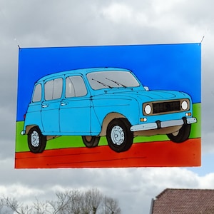 Renault R4 suncatcher turquoise 4L quatrelle window decoration plexiglass perspex stained glass art painted car oldtimer blue image 1