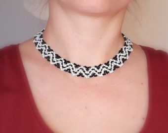 Beaded necklace - Bulgarian style beads zigzag black white collar handmade Bulgaria choker elegant chique