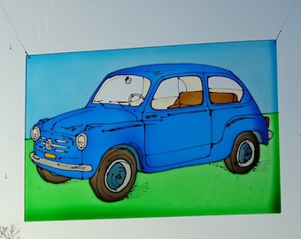 Fiat 500 600 suncatcher blue window decoration plexiglass perspex stained glass art painted car oldtimer