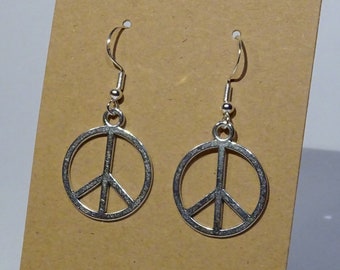 Peace symbol earrings - earhangers charm pendant tibetan silver color antique peace symbol no war love