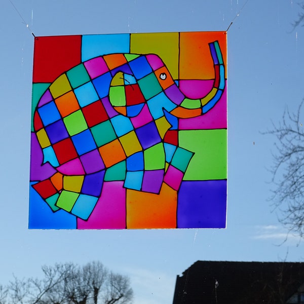 Elmer éléphant suncatcher fenêtre décoration plexiglas perspex vitrail art peint