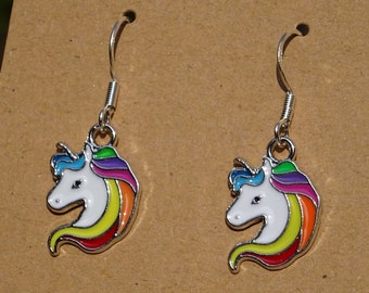 Rainbow unicorn earrings - ear hangers pride charm pendant tibetan silver color antique animal