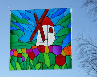 Windmill and tulips suncatcher window decoration plexiglass perspex stained glass art painted mill flowers