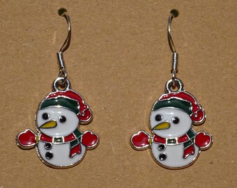 Snowman earrings - christmas xmas winter ear pendants charm pendant tibetan silver color antique