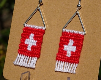 Swiss earrings - handmade macrame hippie Schweiz Switzerland Schwiiz Helvetica country support micro Suisse flag friendship