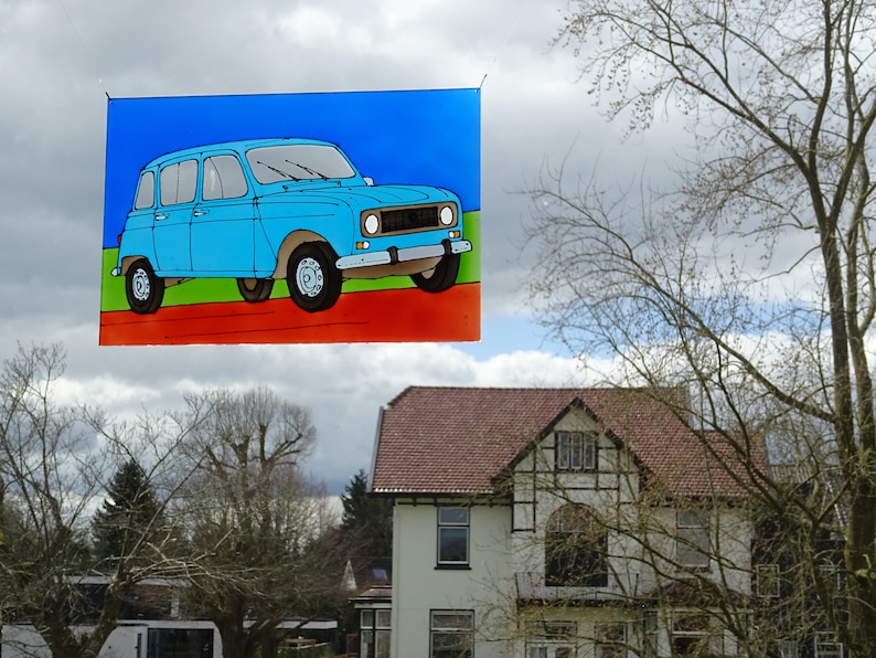 Renault R4 suncatcher turquoise 4L quatrelle window decoration plexiglass perspex stained glass art painted car oldtimer blue image 1