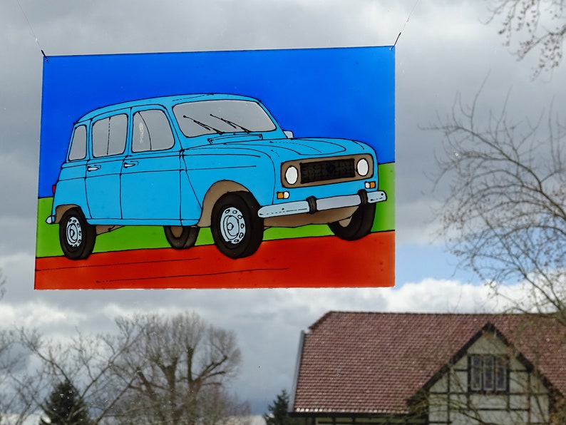 Renault R4 suncatcher turquoise 4L quatrelle window decoration plexiglass perspex stained glass art painted car oldtimer blue image 7