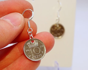 Dutch dime earrings - dime Queen Juliana 10 cents coins charm pendant silver Netherlands guilder royal family King's Day earrings