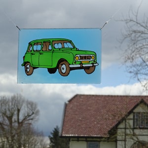 Renault R4 suncatcher green 4L quatrelle window decoration plexiglass perspex stained glass art painted car oldtimer lime zdjęcie 3