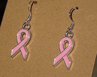 Pink ribbon earrings - ear hangers charm pendant tibetan silver color antique support respect breast cancer awareness