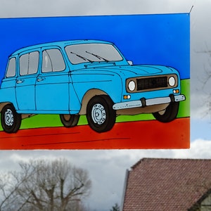 Renault R4 suncatcher turquoise 4L quatrelle window decoration plexiglass perspex stained glass art painted car oldtimer blue image 2