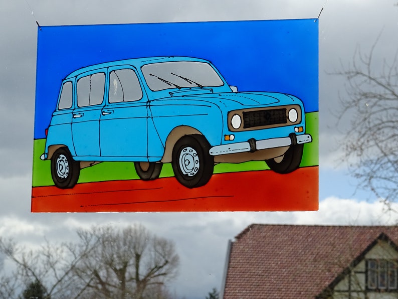 Renault R4 suncatcher turquoise 4L quatrelle window decoration plexiglass perspex stained glass art painted car oldtimer blue image 2