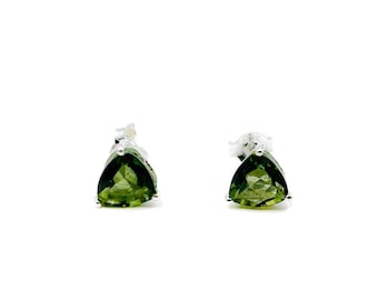 Moldavite Faceted Triangle Sterling Silver Stud Earrings  (124114)