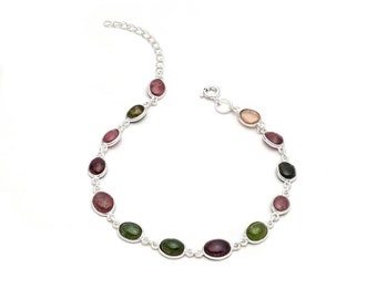 Tourmaline Multi Stone Cabochons Elegant Sterling Silver Bracelet ( 911473 )