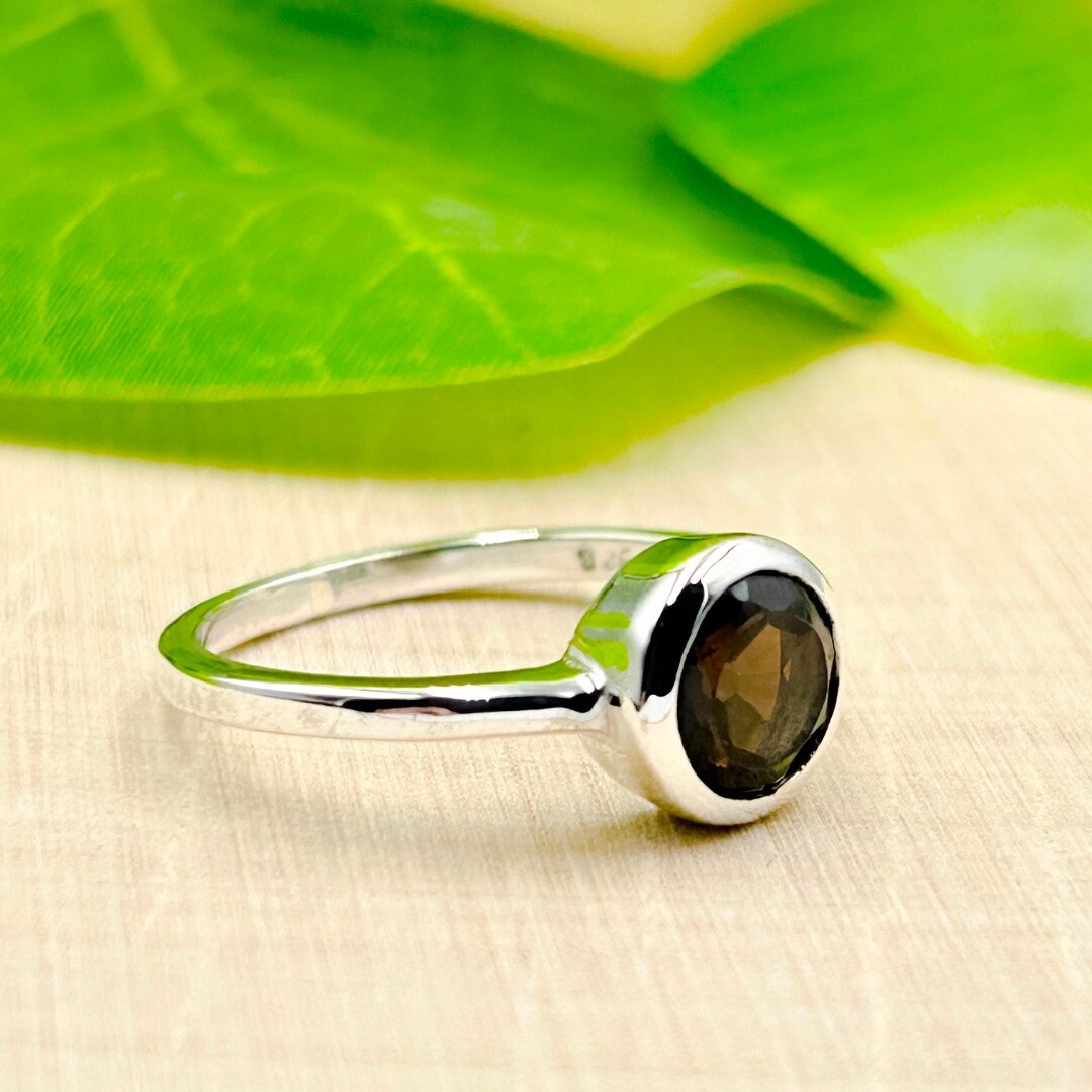 Smoky Quartz Round 7mm Sterling Silver Ring Size 8(480165