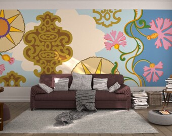 Maison i : l’aube. Français créateur Boutique murale Art. Ludiques lumineux motifs audacieux, cieux géométrique, flottant fleurs, Motif dynamique