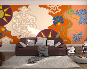 Maison I: Zenith. Français créateur Boutique murale Art. Ludiques lumineux motifs audacieux, cieux géométrique, flottant fleurs, Motif dynamique