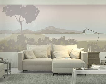 Collection Vista : Lever de soleil. Français Designer Boutique Wall Mural Art. Romantique Calme Tranquille Lake Shore Mountains, Palette Neutre Élégante