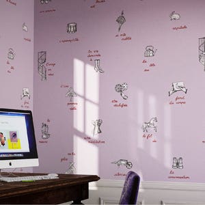 ブション：バイオレット。フランスのデザイナーブティックのシックなブラッスリーの壁画アート。言葉のイメージ詩、遊び心のあるモダンなシュルレアリスムのプリント。パステルパレット