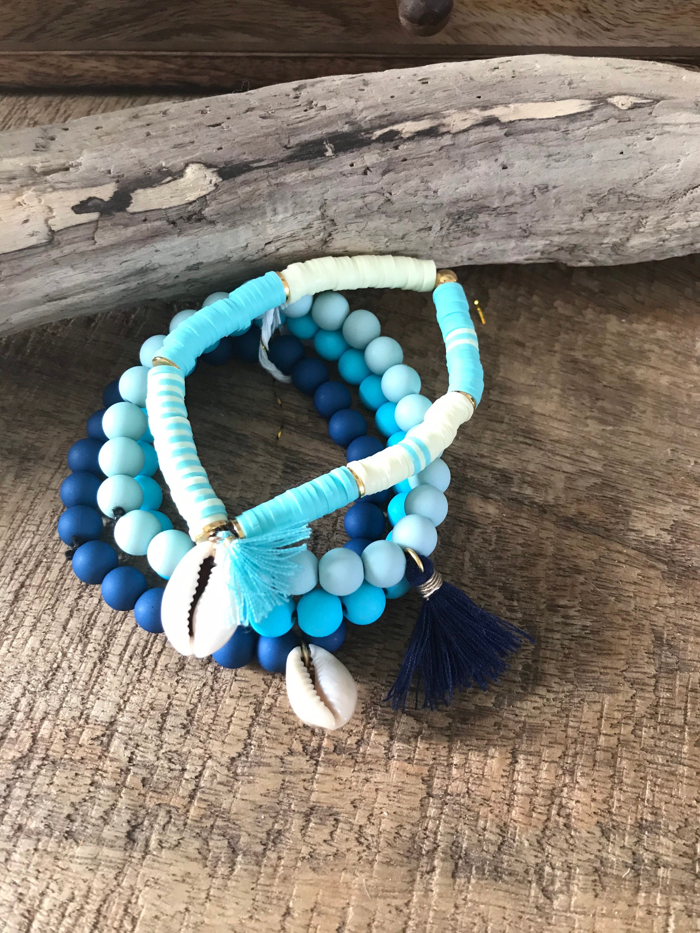Fiji bracelet in turquoise and vanilla heishi beads. | Etsy