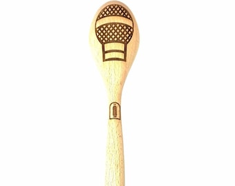 Microphone Gift for your favorite Cook who loves to Sing, Karaoke while you bake food with a Quality Microphone Laser Engraved Wooden Spoon