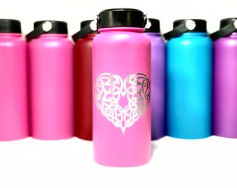 CELTIC HEART laser Engraved into a 32 ounce Stainless Steel Double Wall Vacuum Insulated Water Bottle with a BPA Free Lid