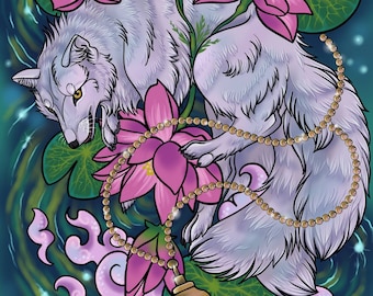 Lotus Flower Magical Kitsune Fox Art Print