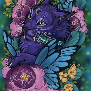 Magical night elf druid with peonies digital print A5/A4 /A3