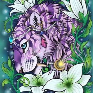 Magical Winterspring tiger with lilies art nouveau print A4/A5/A3