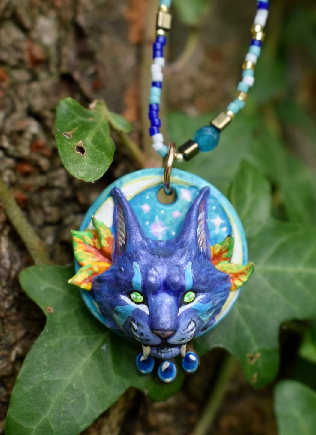 Dark Blue Autumnal Night Elf Feral Druid 35mm Pendant on Beaded