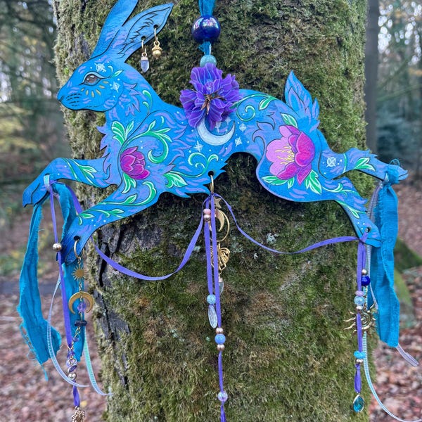 Blue Folk Floral Wooden Hare Ornament 30cm x 50cm