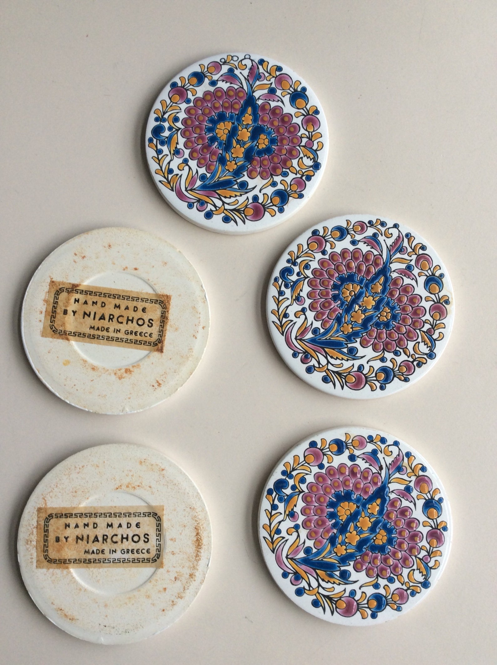 5 round ceramic tiles/coasters. Made by Niarchos Etsy