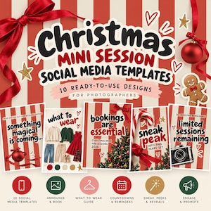 Può includere: Un set di 10 modelli per social media per mini sessioni natalizie per fotografi con sfondi a righe rosse e bianche, grafiche di omino di pan di zenzero, bastoncino di zucchero e fotocamera con testo, incluso Christmas Mini Session.