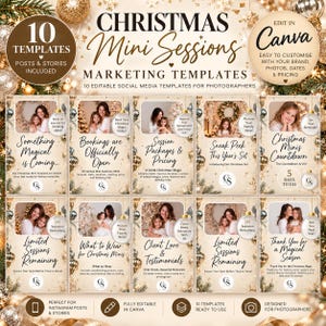 Könnte beinhalten: Ein Set aus 10 bearbeitbaren Marketing-Vorlagen für weihnachtliche Mini-Sessions in sozialen Medien, mit festlichen gold- und cremefarbenen Hintergründen, Ornamenten, Tannenzweigen und Platzhaltern für Fotos und Text.