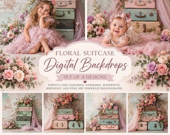 May include: A set of four digital backdrops featuring stacks of vintage suitcases in pastel pink and mint green, adorned with floral arrangements and soft tulle fabric, labeled as Floral Suitcase Digital Backdrops Set of 4 Designs.