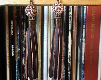Leather Tassel Earrings with Ivory Colored Floral Bead