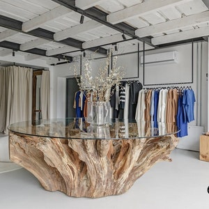 Mesa de entrada de raíz de madera / Mesa consola / Mobiliario industrial / Mesa / Mesa de cocina / Cristal / Muebles / Muebles de comedor