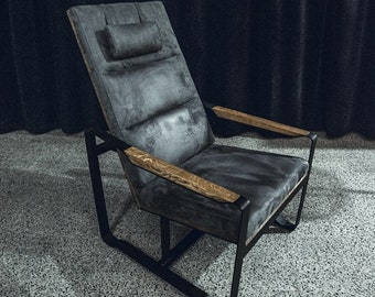 Handmade Modern Alcantara Leather Armchair, Black Metal Frame