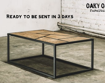 May include: A rectangular coffee table with a geometric wooden top and a black metal frame. The tabletop is made of light brown wood pieces arranged in a mosaic pattern. The text "READY TO BE SENT IN 3 DAYS" is visible.